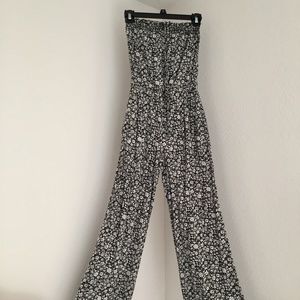 Black and White Floral Strapless Jumpsuit